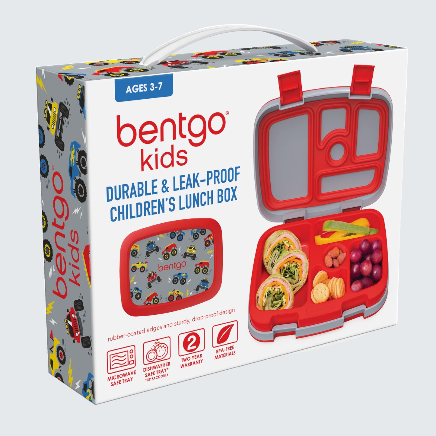 Bentgo Kids Prints Leak-Proof, 5-Compartment Bento-Style Kids Lunch Box - Ideal Portion Sizes for Ages 3-7, Durable, Drop-Proof, Dishwasher Safe, & Made with BPA-Free Materials (Trucks)