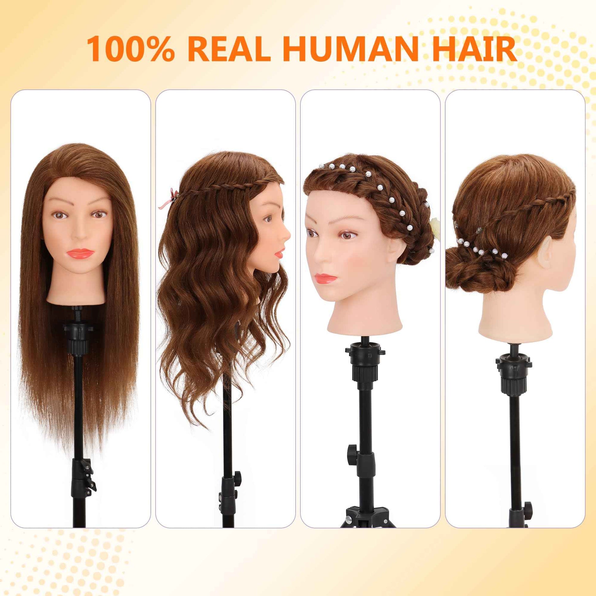Mannequin Head Human Hair 100% Real Hair Cosmetology Mannequin Head for Practice Braiding Hairstyling Cutting with Tools and Tripod Stand (Dark Brown)