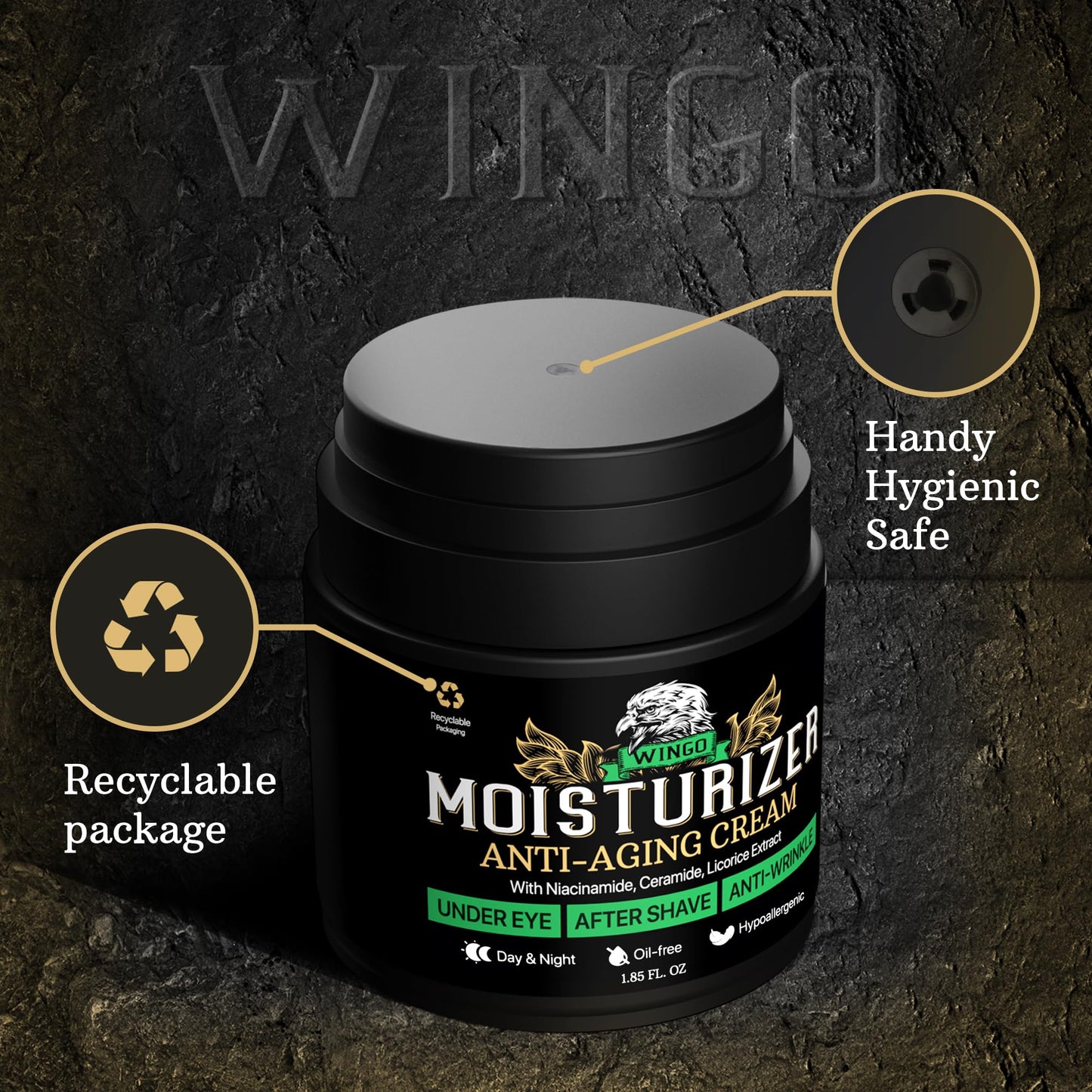 WINGO Men's Facial Moisturizer – Anti-Aging Firming Cream – After Shave Face Moisturizer for Men - Firming and Lifting Cream – Natural Only, Oil-Free, Non-Comedogenic – Multi-Action Mens Skin Care