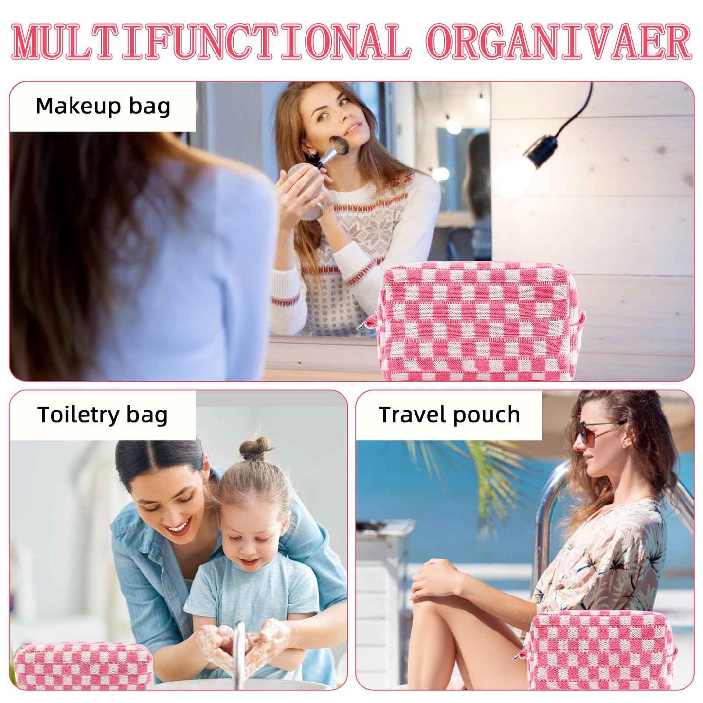 ZLFSRQ 2Pcs Checkered Pencil Case Cute Pencil Pouch for Teens Pink Checkered Makeup Bag Travel Cosmetic Bag Set Cute Preppy Makeup Pouch for Purse Portable Zippered Skincare Toiletry Bags Organizer