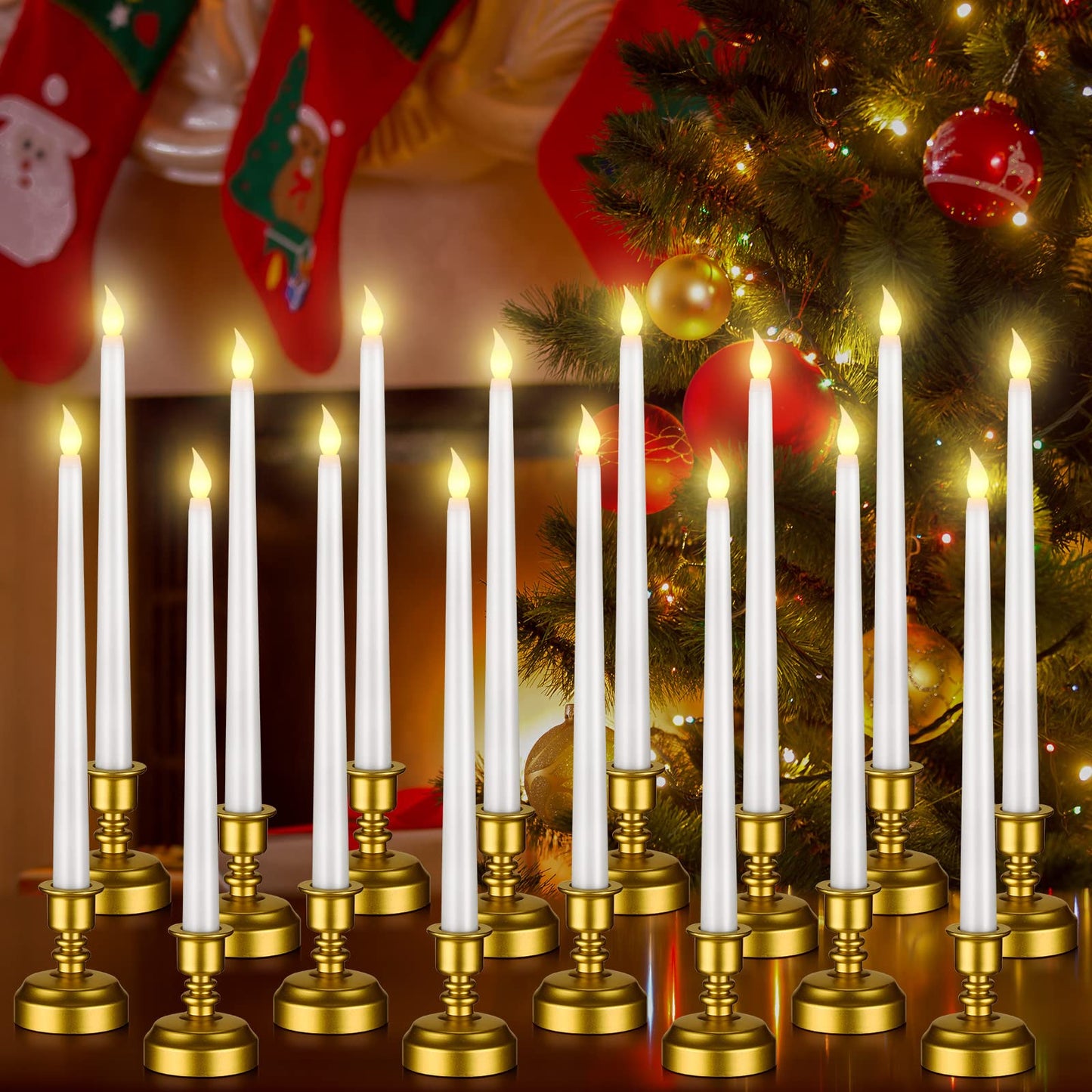 Fumete 16 Pcs Flameless Window Candles with Gold Base Battery Powered Taper Candles Battery Operated LED Candlesticks for Christmas Thanksgiving Wedding Party Decorations(White)