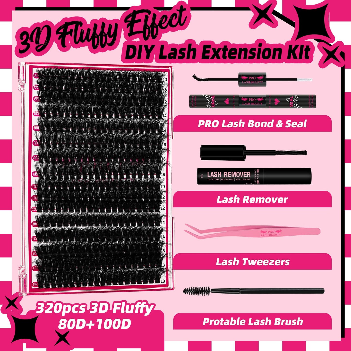 Lash Extension Kit Lash Clusters Kit 320 Pcs 3D Soft Individual Lashes with Lash Bond and Seal Lash Tweezers Eyelash Remover DIY Eyelash Extension(80D+100D,D-10-18mix Kit)