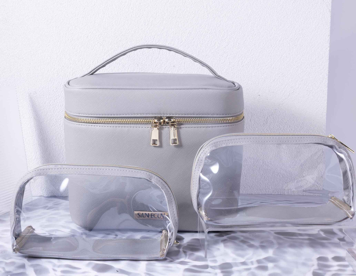 SANHECUN Travel Cosmetic Makeup Essentials Bag case Brush Case Wash Bag Cosmetic Pouch 3 Pcs Set Organization (3, Grey)