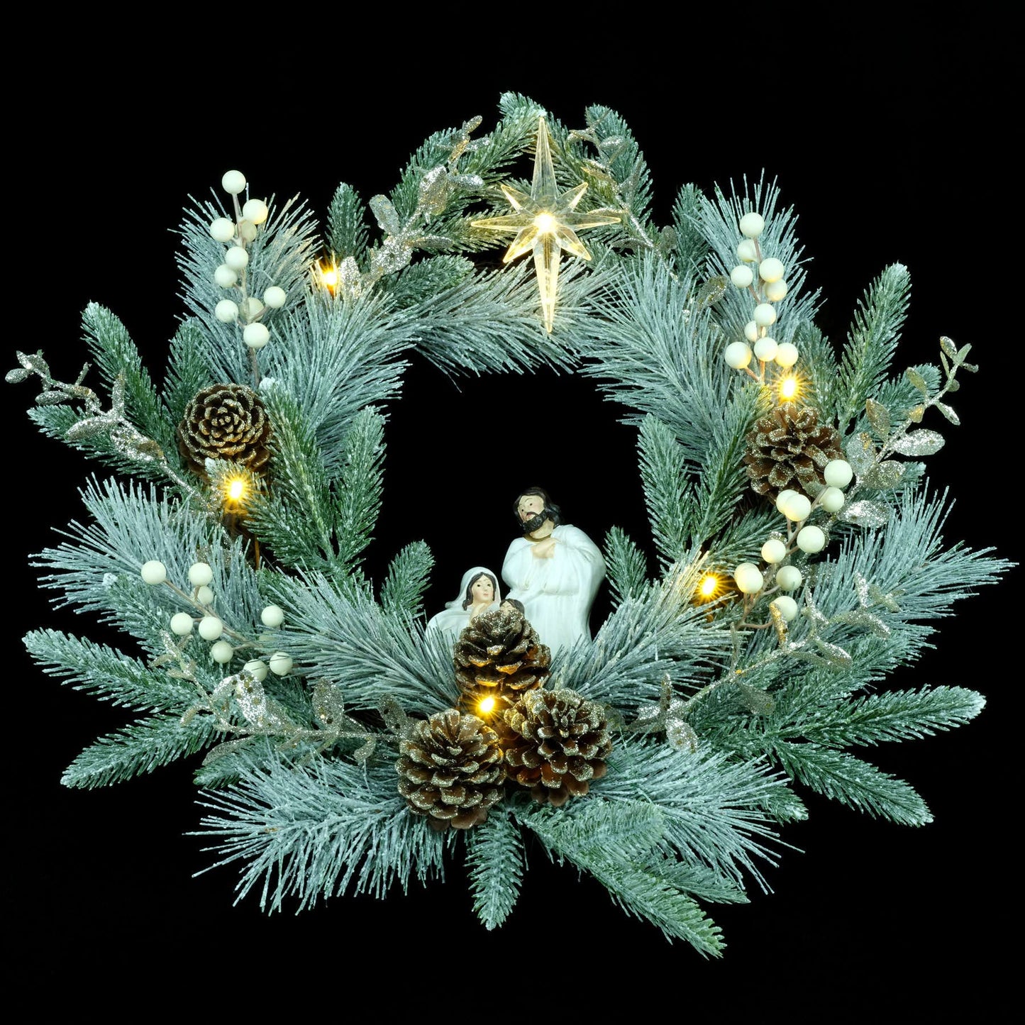 YULETIME 20" Pre-Lit Nativity Wreath, Battery Operated with 10 Fairy Lights, Holy Family Nativity Statue, Star of Bethlehem, Pine Cones, White Mistletoe, Frosted Spruce Branches (Nativity Frosted)