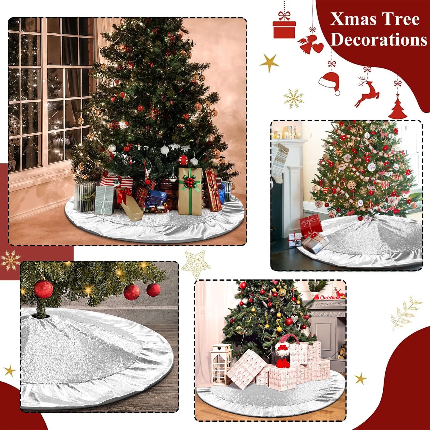 Ivarunner Silver Tree Skirt, Large Christmas Tree Skirt 48 Inch with Glitter Satin Trim - Silver Sequin Tree Skirt - Xmas Bling Tree Mat Double Layers for Silver Christmas Ornaments and Decorations