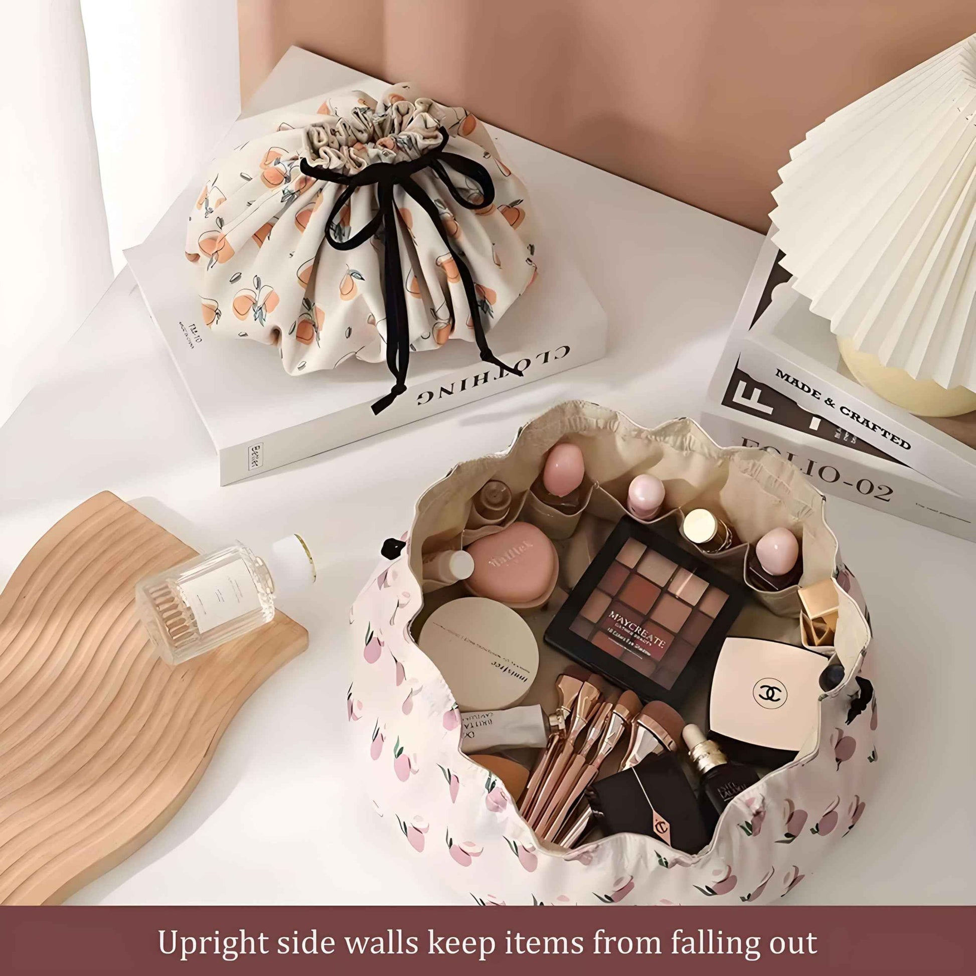 Large Capacity Drawstring Makeup Bag - Lightweight Oxford Fabric Cosmetic Organizer with Fruit Print, Travel Toiletry Pouch for Women & Beauty Lovers (Portable, Effortless Storage)(Peach powder)