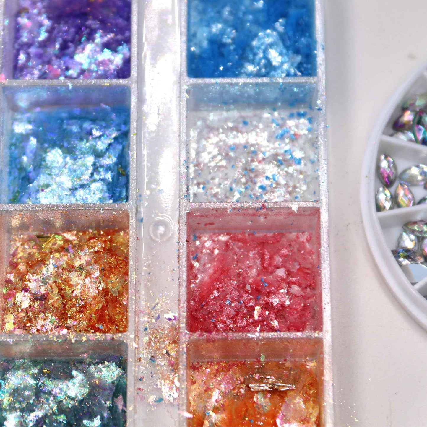 Holographic Nail Glitter 12 Grids Opal Glitter Powder Nail Charms Eye Rhinstones Mermaid Iridescent Nail Sequins Flakes Gold Silver Nail Foil for Nail Art Deisgn Kit for Christmas Halloween