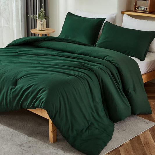 Litanika Dark Emerald Green Twin/Twin XL Comforter Set, 2 Pieces Solid Forest Bedding Set, All Season Fluffy Bed Set (66x90In Comforter & 1 Pillowcase)