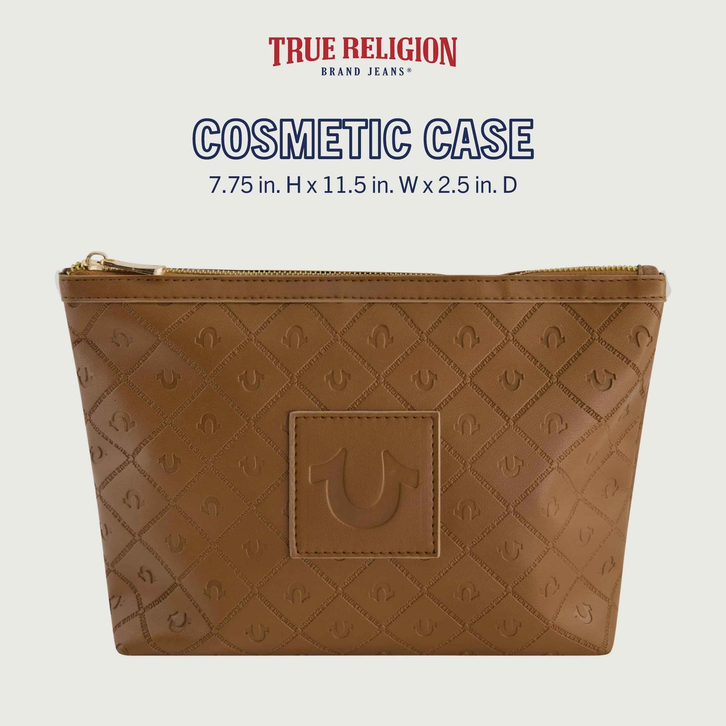 True Religion Women's Makeup Bag, Small Travel Cosmetic Zipper Pouch Organizer, Gold Hardware, Brown