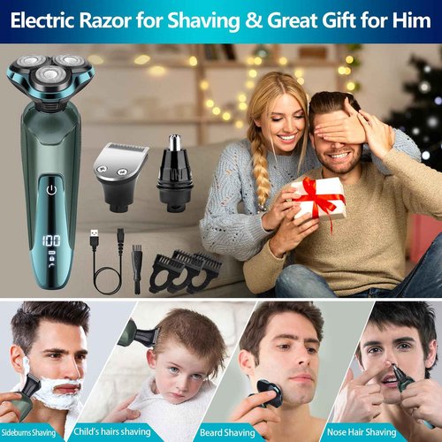 Electric Razor for Men, Electric Shavers for Men's Faces, Detachable Blade 3D Rotary for Shaving with Nose Trimmer Face Cleaning Brush Head Shavers, Wet/Dry/Waterproof Razors for Men Matte Green