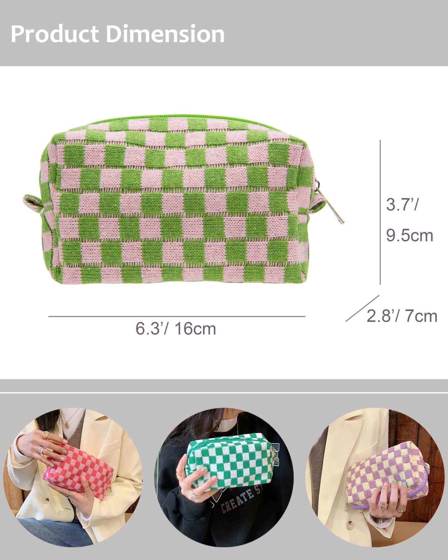 PAZIMIIK Checkered Makeup Bag for Purse Portable Zipper Make Up Pouch Small Cosmetic Case for Travel Accessories Pink Green