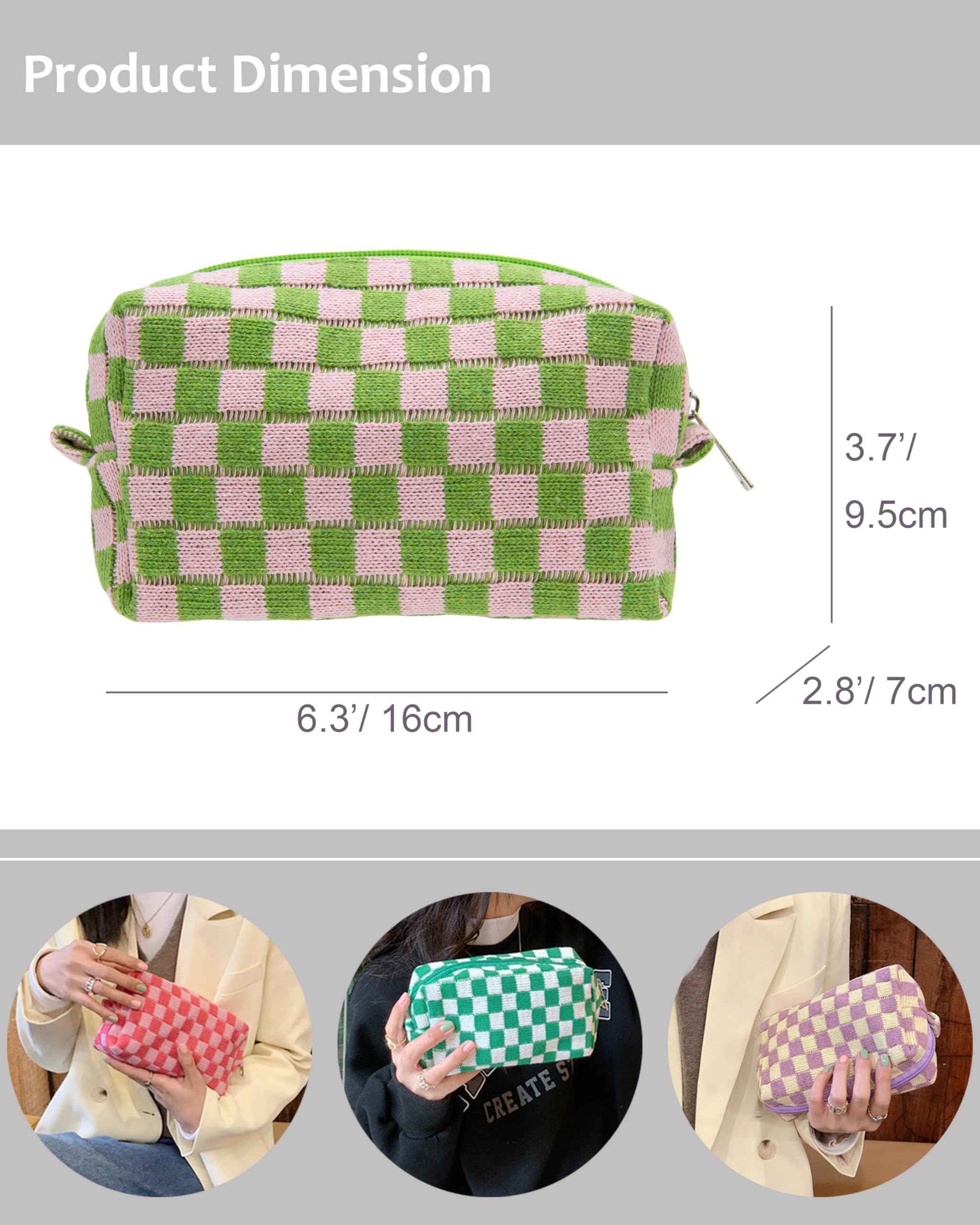 PAZIMIIK Checkered Makeup Bag for Purse Portable Zipper Make Up Pouch Small Cosmetic Case for Travel Accessories Pink Green