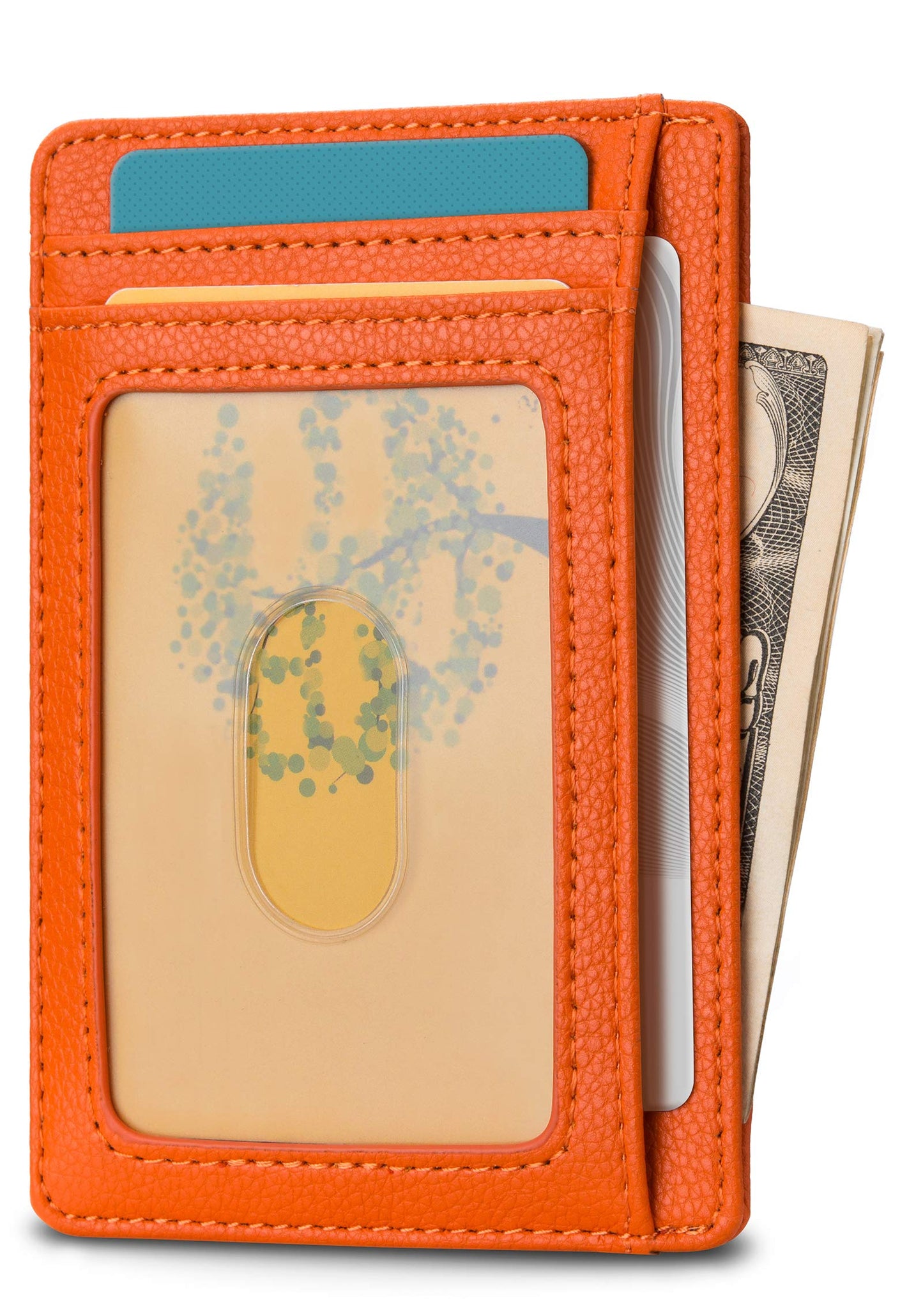 Buffway Slim Minimalist Front Pocket RFID Blocking Leather Wallets for Men and Women - Lichee Orange