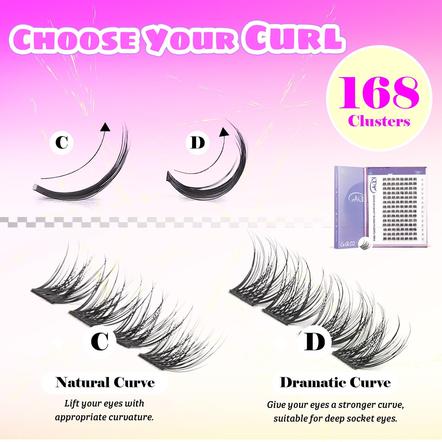 GAQQI Lash Clusters, GQ03 False Eyelashes DIY Lash Extensions D Curl 168PCS Cluster Lashes 14MM, Wispy and Natural Look (GQ03,14mm,D Curl)