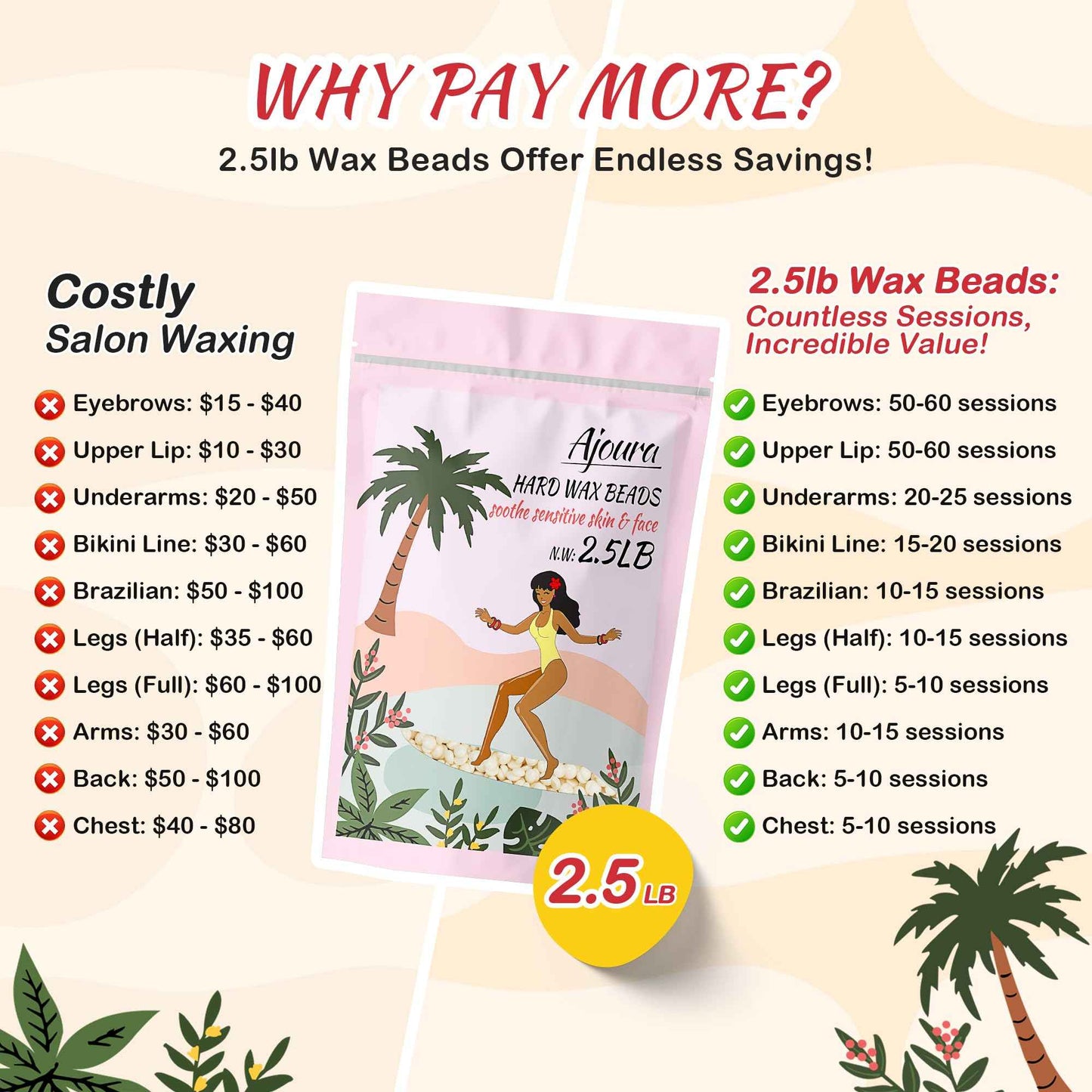 Ajoura 2.5 lb Wax Beads for Hair Removal - Premium Hard Wax for Coarse Hair, Ideal for Brazilian Bikini, Legs, Face, Underarms, Arms, Chest, Back - Sensitive Skin for Efficient Home & Salon Waxing