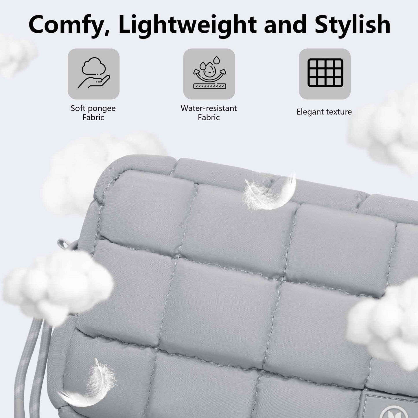 DOYOGI Quilted Cosmetic Bag, Puffer Makeup Bags, Crossbody Purses for women,Cute Travel Toiletry Bag for Women (Grey)