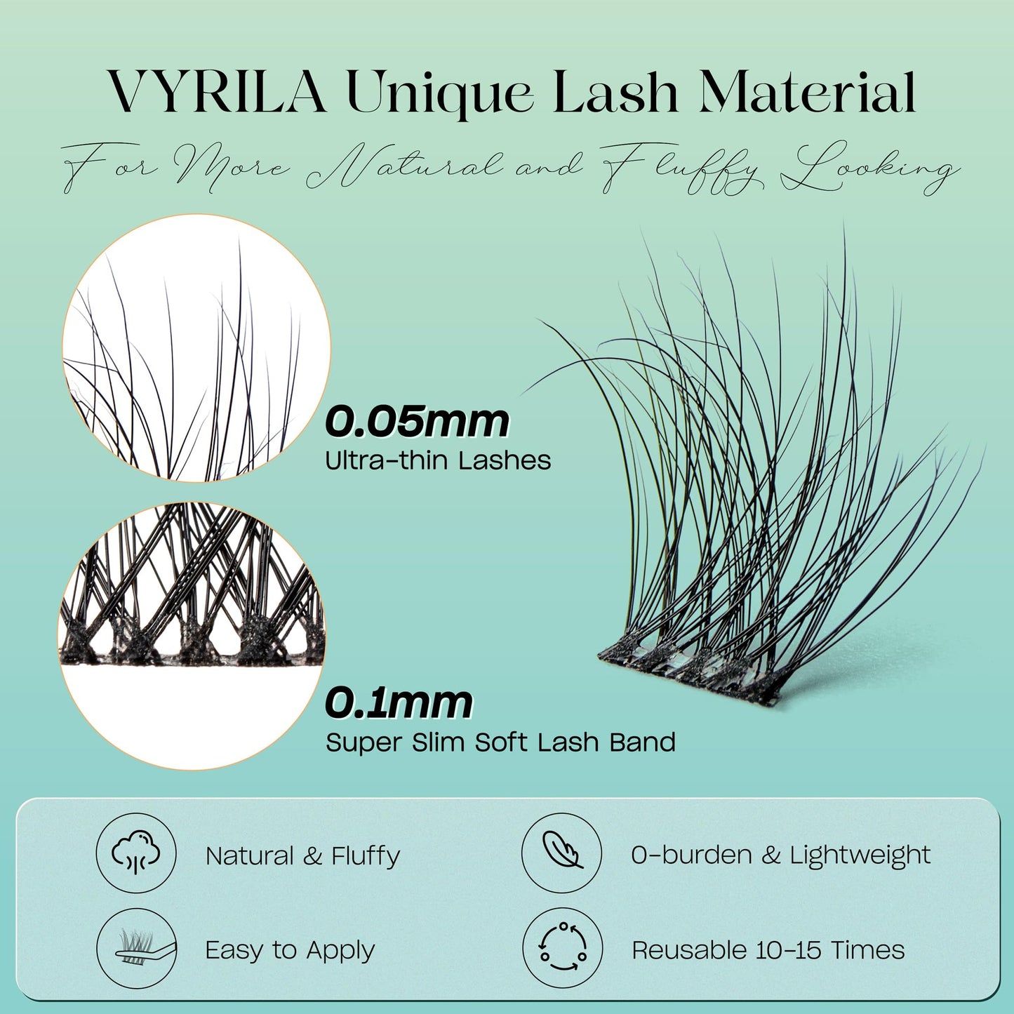 VYRILA Lash Clusters 0.05mm Individual Lashes, 3D Wispy Lashes Clusters, 0.1mm Super Thin Band Resuable Natural Lashes,D Curl Faux Mink Lashes,144pcs Lash Extension (Green Hush-D-0.05-8-16mix)