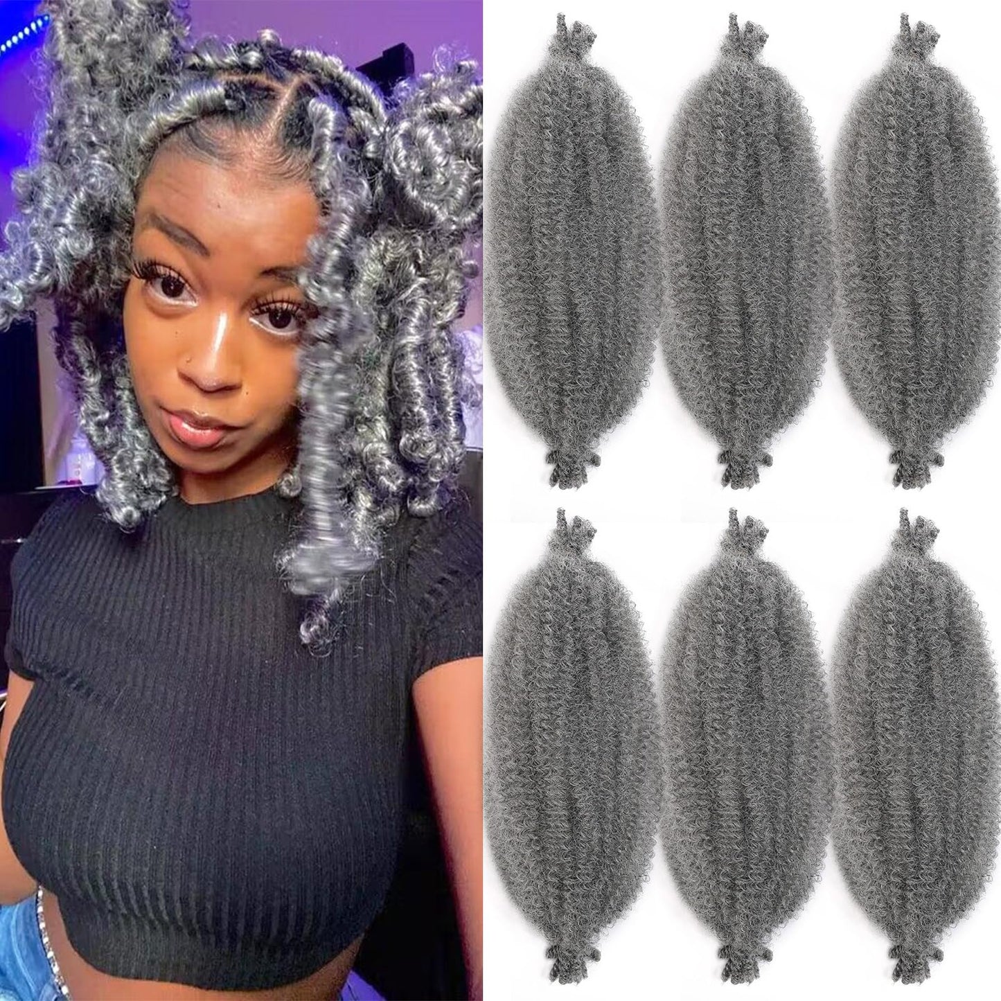 Spring Cuban Twist hair Grey Marley Twist Braiding Hair 16 inch Wrapping Marley Hair for Soft Faux Locs Springy Afro Kinky Twist Crochet Hair Braiding Twisted Up Springy Afro Twist Hair Extensions