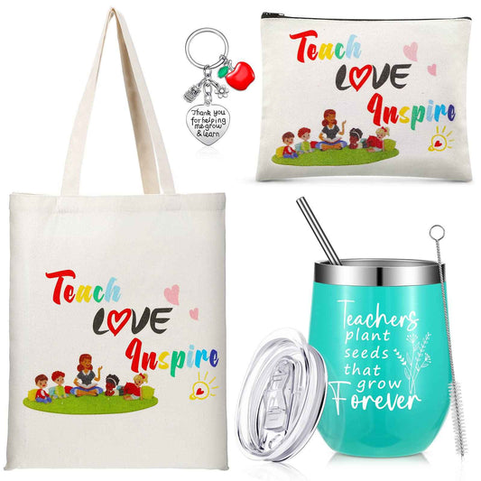 Hillban 4 Pcs Teacher Appreciation Gift for Women 12 oz Teacher Tumbler Tote Bag Makeup Cosmetic Bag Keychain Thank You Gift Set for Christmas Birthday(Classic Style)