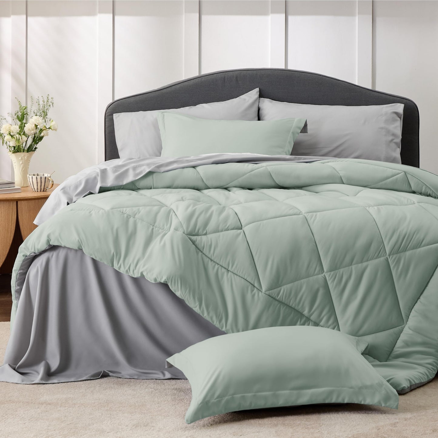 Bedsure Sage Green Twin Comforter Sets - 5 Pieces Reversible Twin Bedding Sets for College, Sage Green Extra Long Bed Set Twin with Comforters, Sheets, Pillowcase & Sham