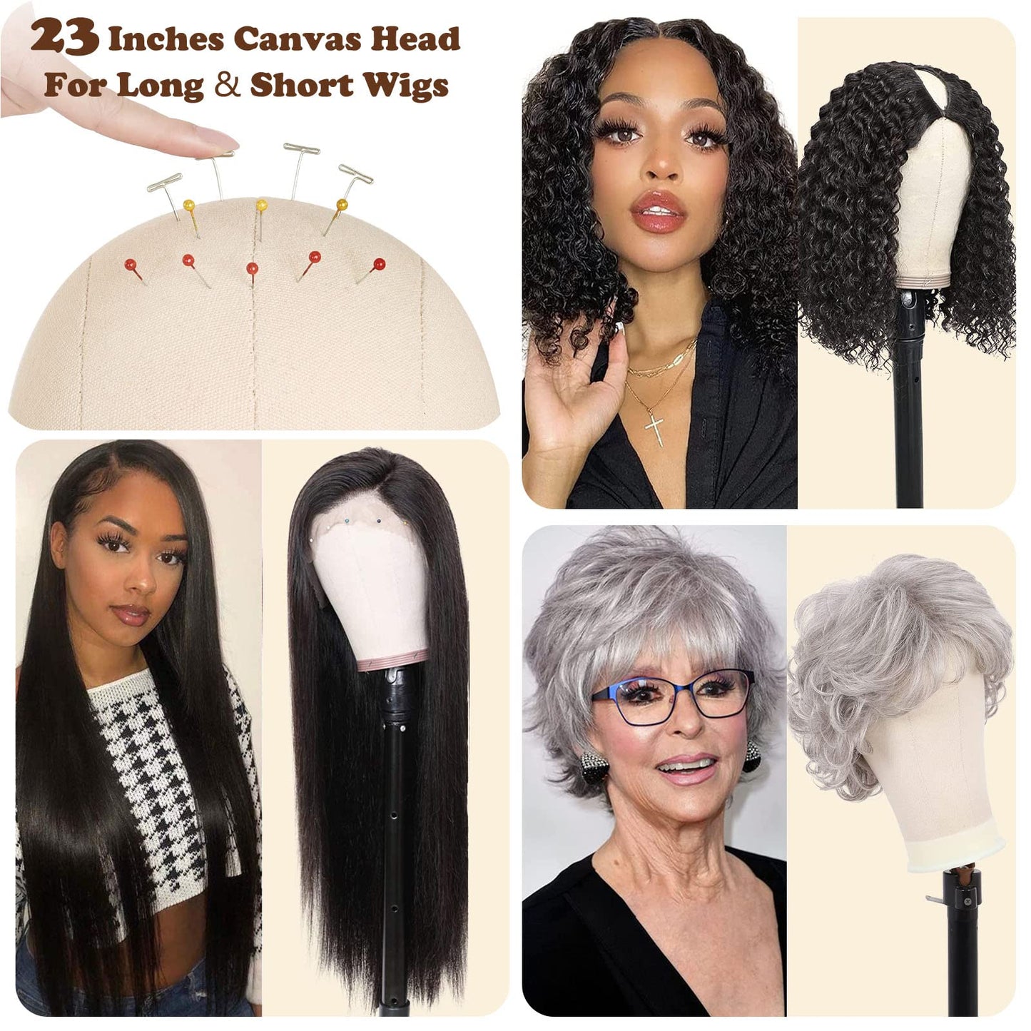 mcwdoit 23 inch Wig Stand Tripod with Head, 123pcs Wig Head Set, Mannequin Head For Wigs Styling, 110pcs Wig Pins, 3pcs Wig Caps, 5 pcs Clips, 1pc Thread Bristle and 1pc Brush Included