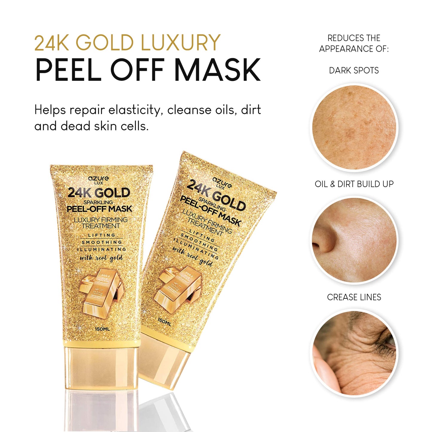 AZURE 24K Gold Firming Peel Off Face Mask- Anti Aging, Lifting, Illuminating & Revitalizing - Removes Blackheads, Dirt & Oils - With Hyaluronic Acid and Collagen - Skin Care Made in Korea - 150mL