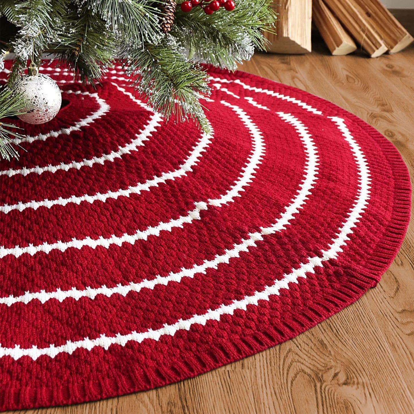 LimBridge Christmas Tree Skirt, 48 inches Knitted Rustic Stripe Thick Heavy Yarn Knit Xmas Holiday Decoration, Burgundy and Cream