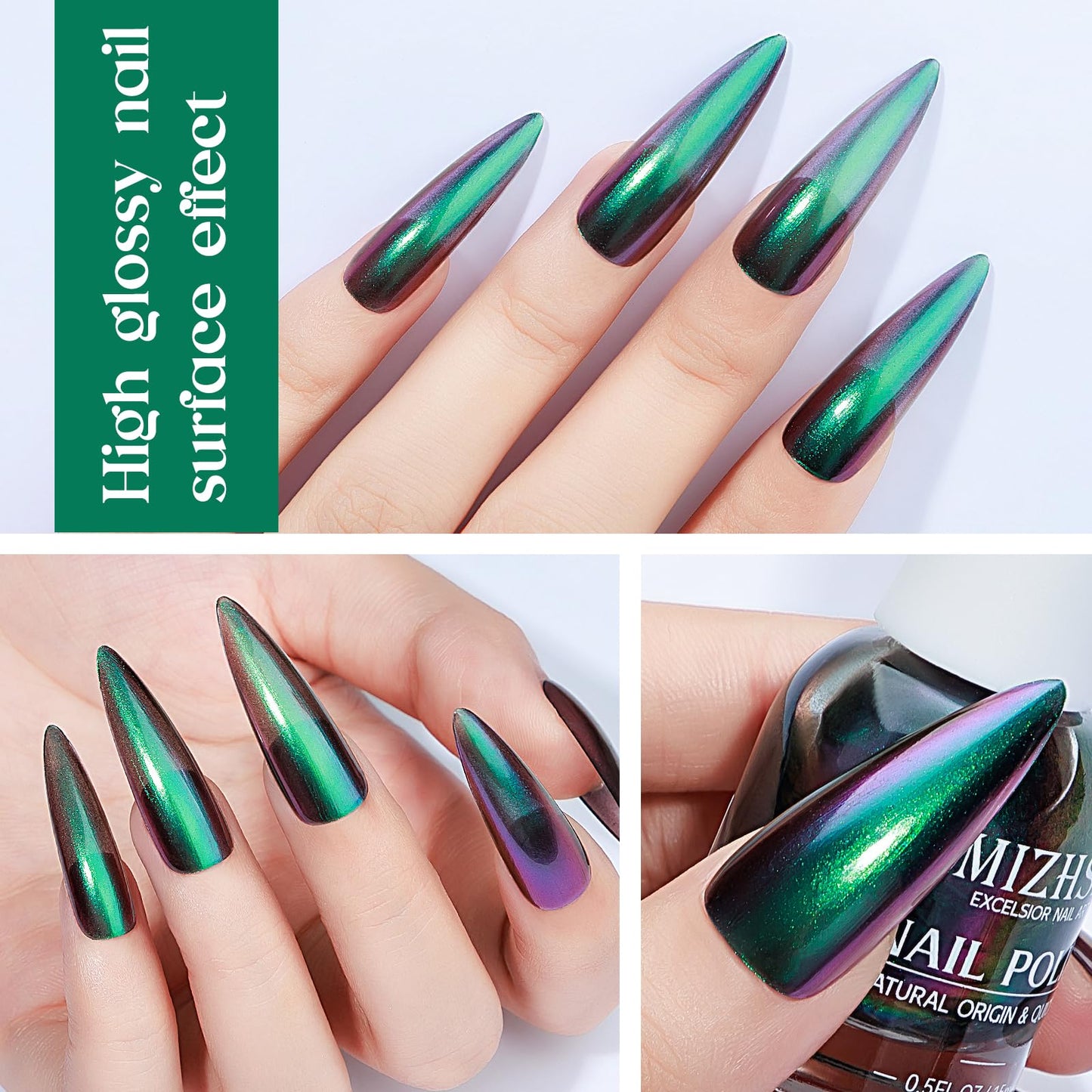 MIZHSE Chameleon Nail Polish, Green Nail Polish Air Dry Fast, 15ml/0.5 fl oz High Glossy Shiny Nail Pigment Holographic Nail Polish Nail Art Salon Manicure Home