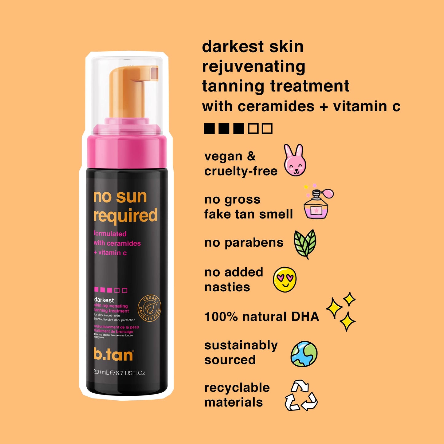 b.tan Dark Self Tanner Mousse | No Sun Required - Fast, 1 Hour Express, Darkest, Rejuvenating Sunless Tanning Treatment With Ceramides + Vitamin C, No Fake Tan Smell, Cruelty Free, 6.7 Fl Oz