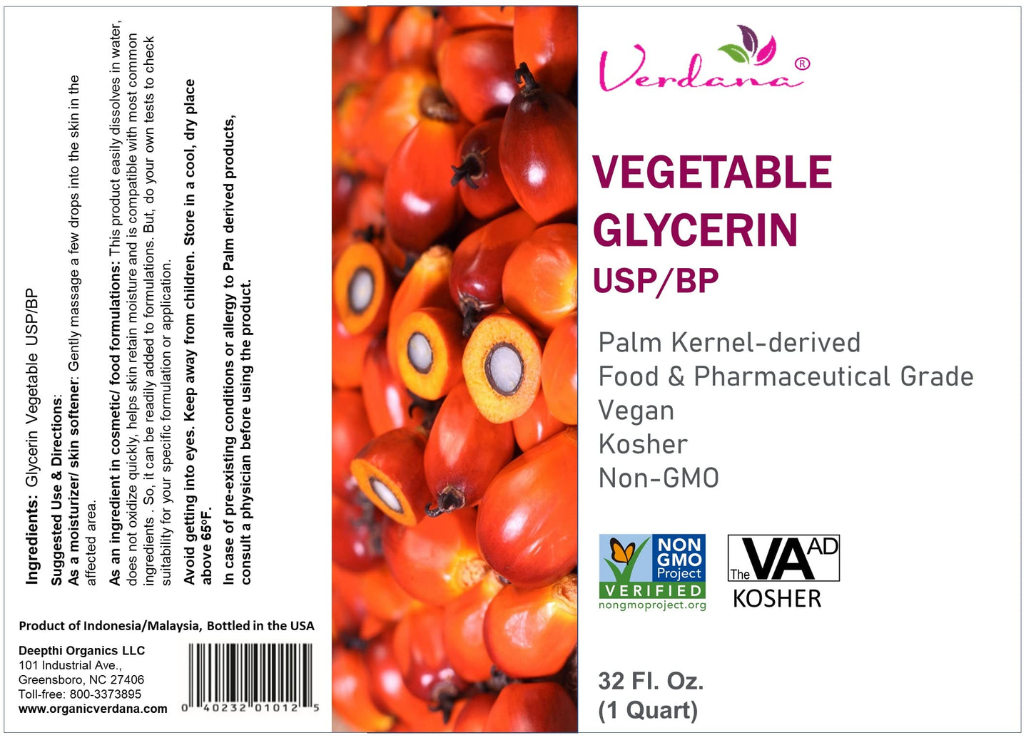 Verdana Vegetable Glycerin – USP/BP Refined - Premium Food Grade and USP Grade – Pure, Vegan, Kosher, Non-GMO Palm oil derived – 32 Fl Oz