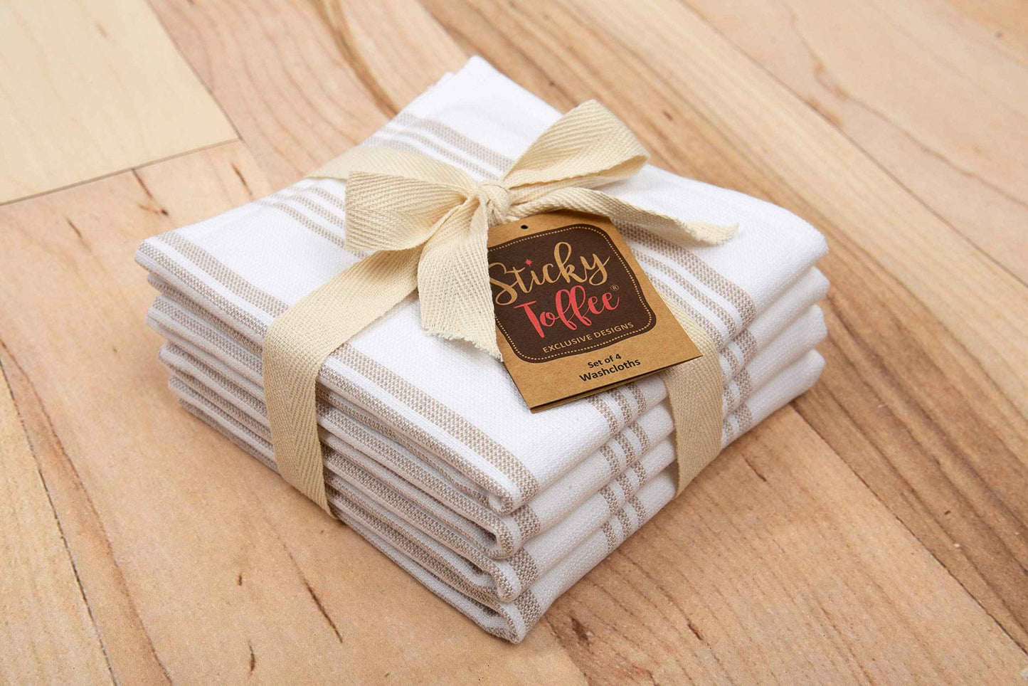 Sticky Toffee Cotton Washcloths Set of 4 – 13x13 in Tan Modern Stripe Terry Towels, Soft and Absorbent Reusable Fingertip Towels, Quick Drying