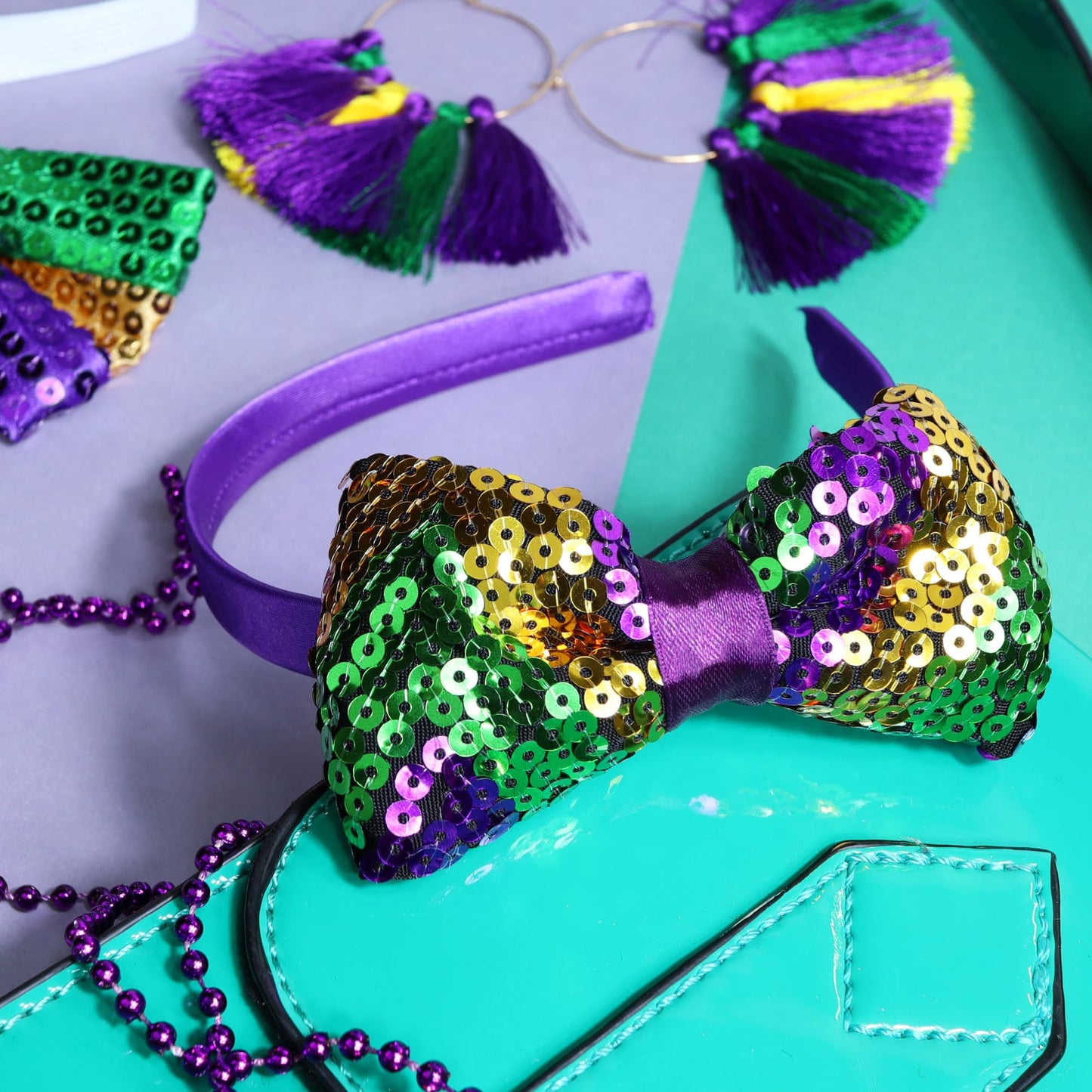 Needzo 2024 Mardi Gras Glitter Bow Headband, Purple, Green, and Gold Parade, Party Hair Accessory One Size (Headband + Earrings + Bowtie)