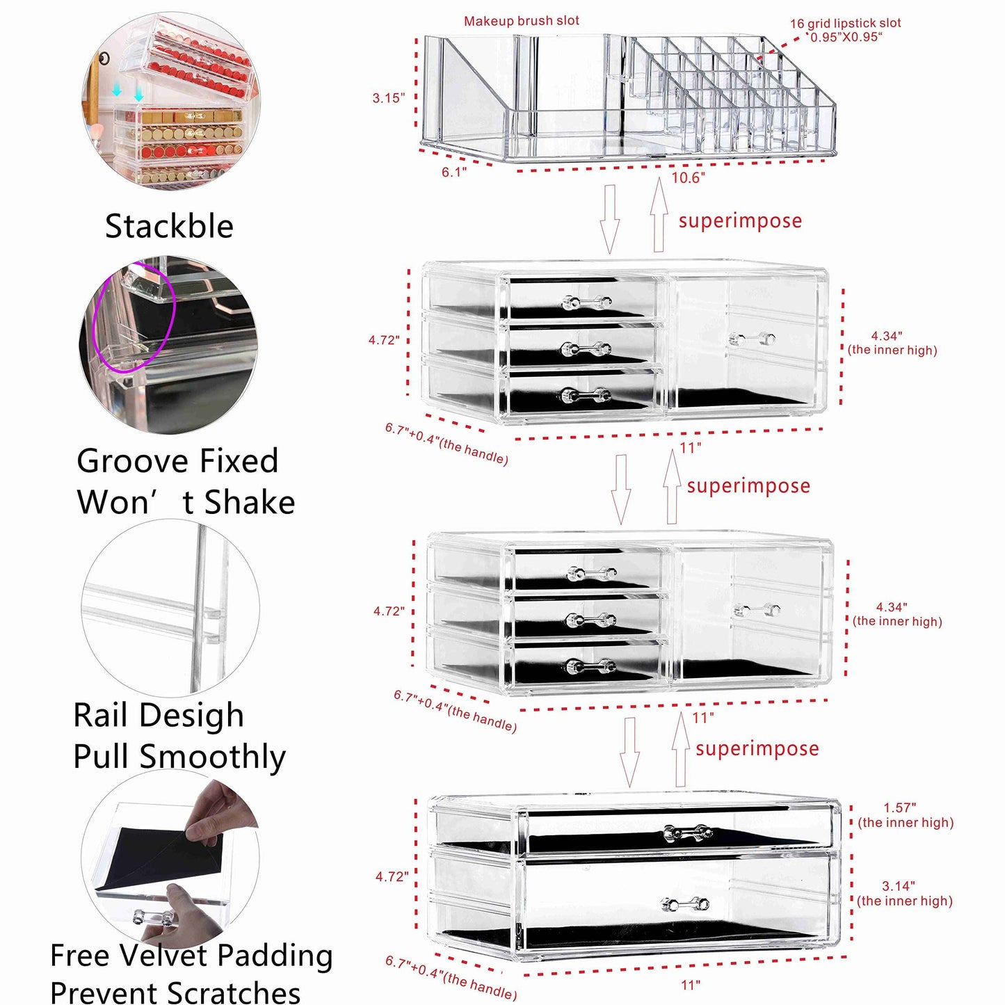 Cq acrylic Clear Makeup Storage Organizer Care Large Cosmetic Display Cases Stackable Storage Box With 10 Drawers For Dresser,Pack of 1
