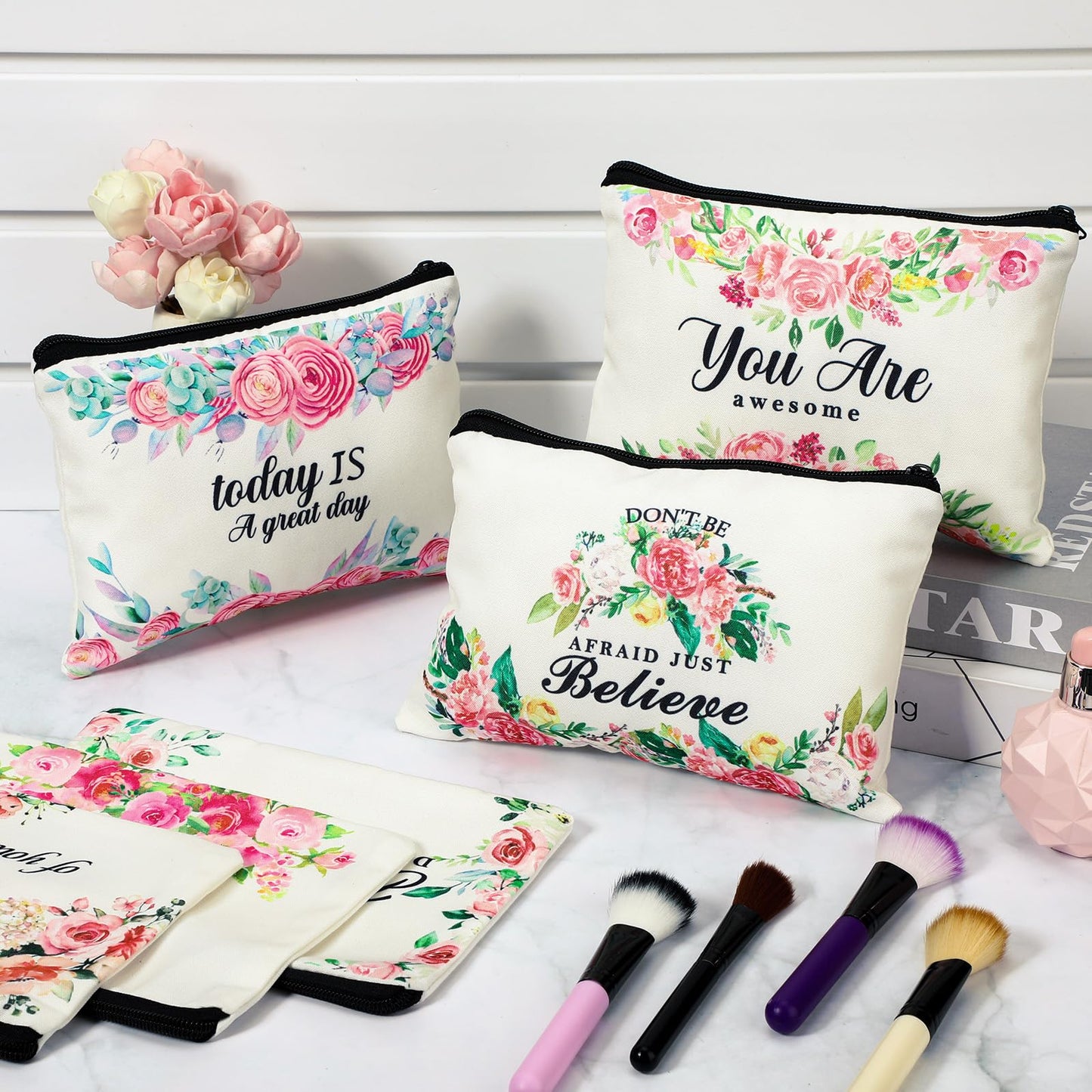 16 Pcs Canvas Cosmetic Bag Bulk Inspirational Quotes Makeup Bags with Zipper Encouragement Travel Toiletry Pouch Appreciation Gift for Christmas Women Girls Teacher Birthday Graduation Gift (Flower)
