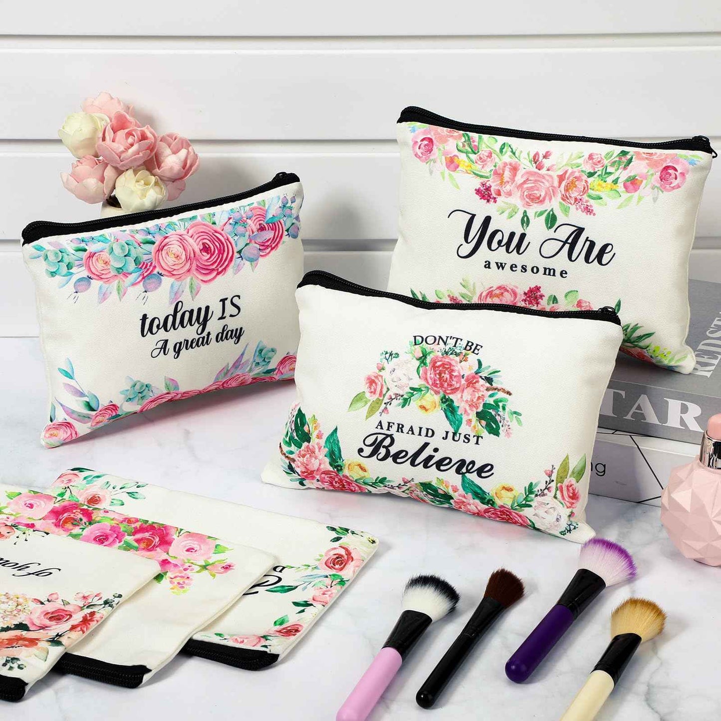 Pinkunn 16 Pcs Inspirational Christian Gifts for Women Religious Makeup Bags Bulk Religious Gifts for Women Inspirational Bible Verse Pencil Pouch Makeup Bags with Zipper for Travel(Flower)