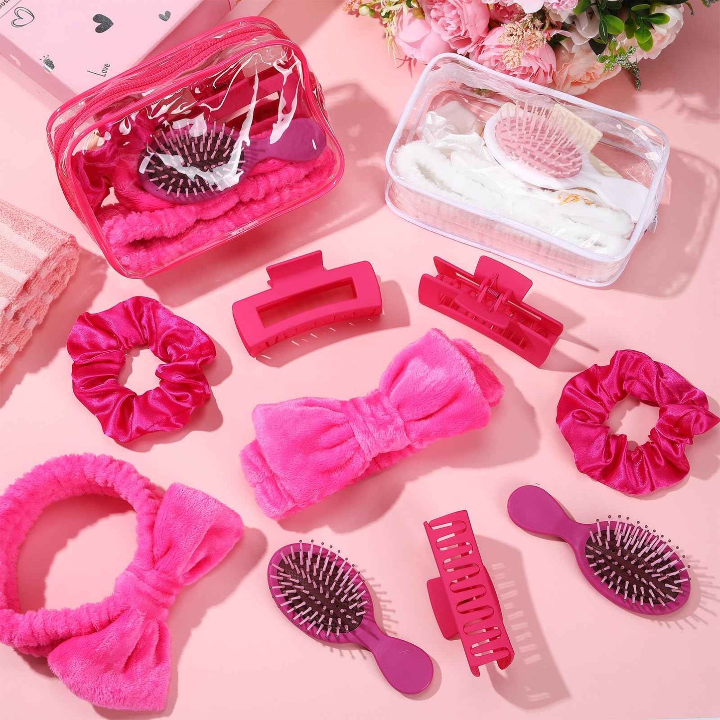 Wavyknot 40 Pcs Bachelorette Favor Set Include Headband Scrunchies Hair Claw Clips Hairbrush and Makeup Bag for Bridal Shower Party Gifts Bridesmaid Wedding Supplies(White and Rose Red)
