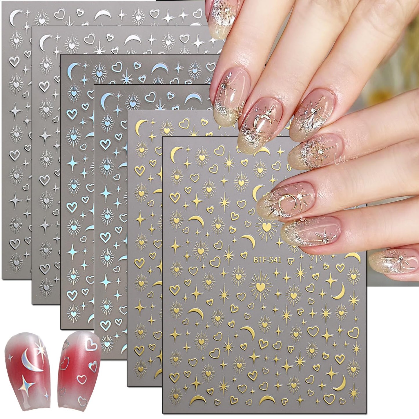 6 Sheets Stars Sun Moon Nail Stickers DIY Self-Adhesive Pegatinas Uñas Gold Silver Laser Starlight Moon Star Nail Art Designs for Women Acrylic Nail Decoration Accessories