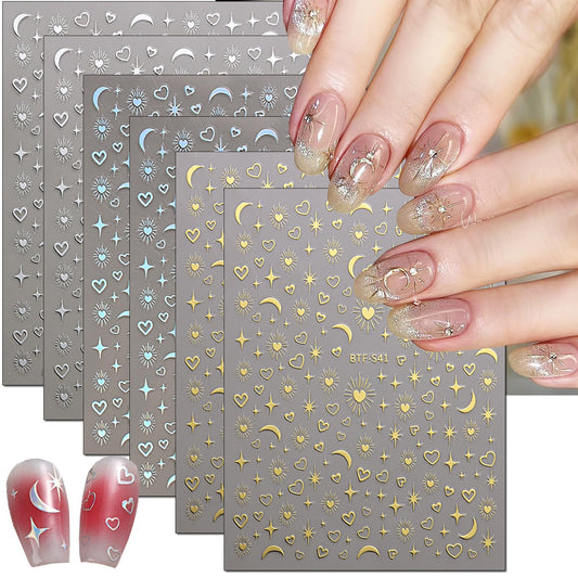 6 Sheets Stars Sun Moon Nail Stickers DIY Self-Adhesive Pegatinas Uñas Gold Silver Laser Starlight Moon Star Nail Art Designs for Women Acrylic Nail Decoration Accessories