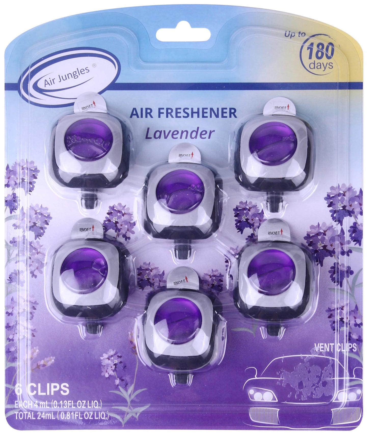 Air Jungles Lavender Scent Car Air Freshener Clip, 6 Car Freshener Vent Clips, 4ml Each, Long Lasting Air Freshener for Car, Up to 180 Days Car Refresher Odor Eliminator