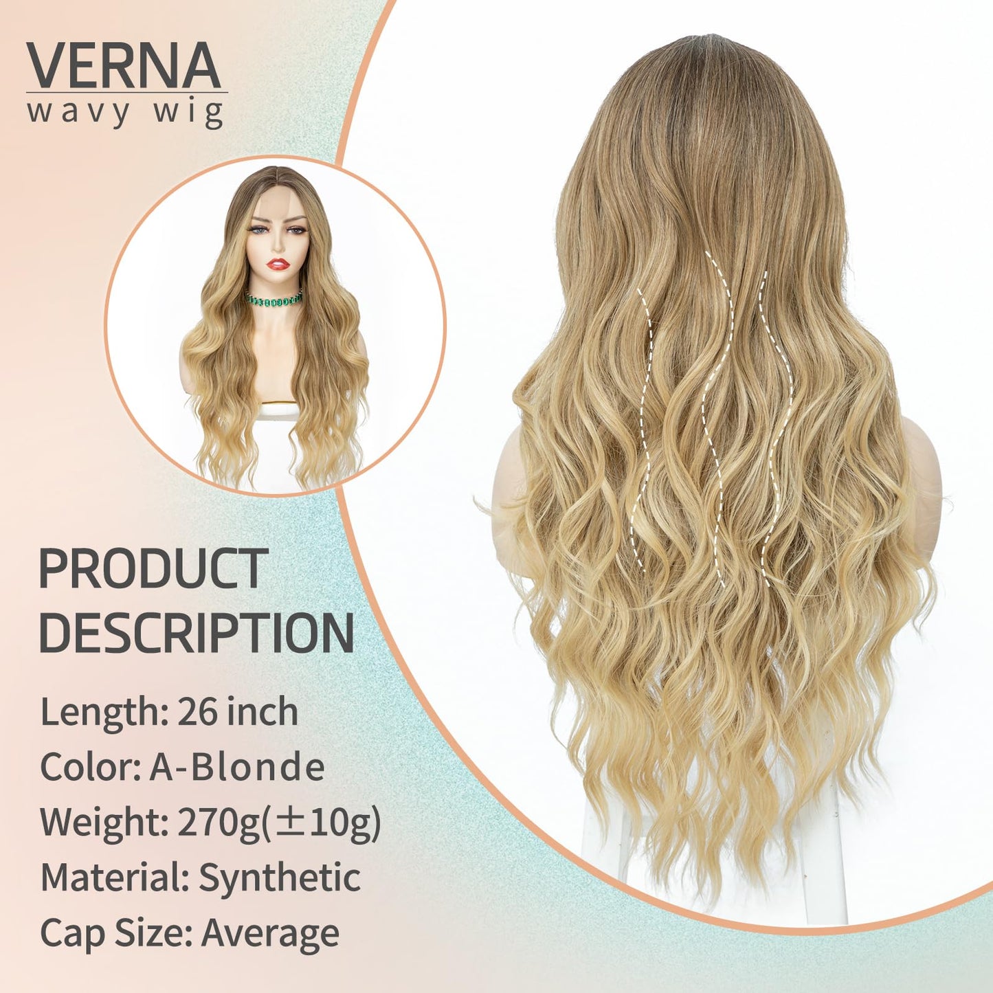 VERNA Long Blonde Wavy Wig for Women, 26 Inch Super Soft Long Blonde Wigs, Natural Looking Ombre Blonde Hair Wig, Heat Resistant Synthetic Wig, Middle Part Blonde Curly wigs for Daily Party Use