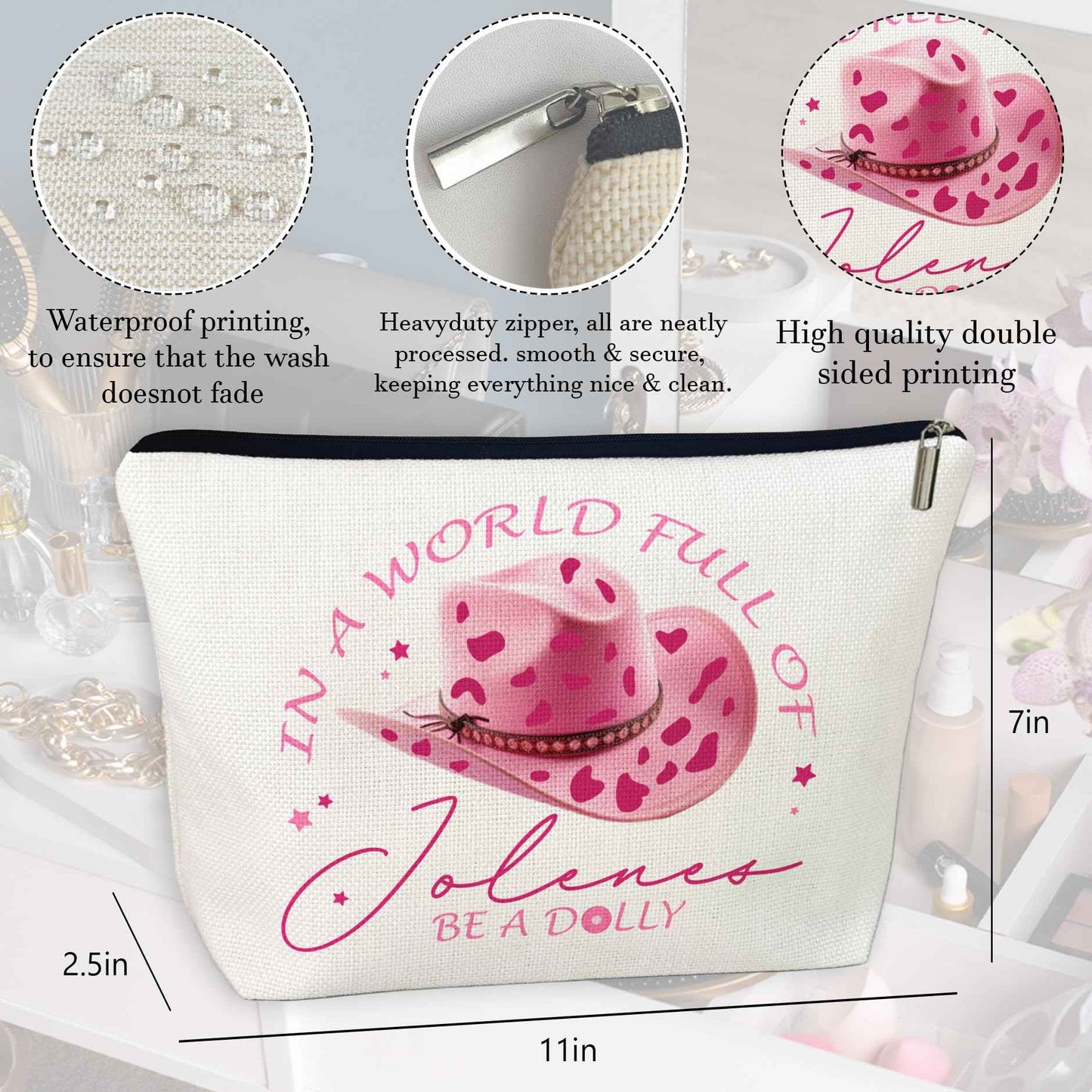 CLHHM Pink Dolly World Costumes Makeup Bags, Western Hat Singer Music Fans Cosmetic Bag for Women, Gifts for Mom Lover Sister Friends Daughter Graduation Halloween Birthday Christmas