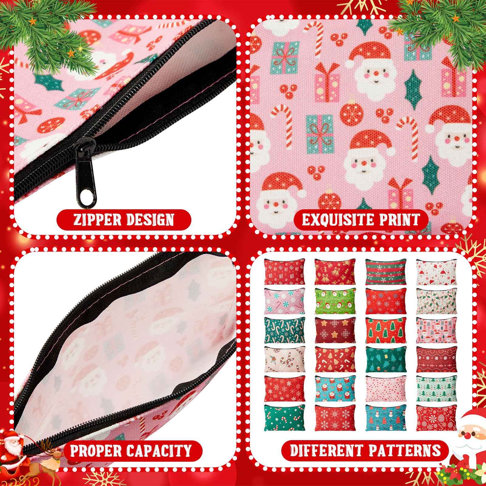 Meanplan 24 Pcs Christmas Makeup Bags Bulk Gifts Holiday Cosmetics Storage Bags Xmas Tree Santa Snowman Candy Cane Purse Double Sided Zipper Pouch for Women Travel Holiday Goodie Present