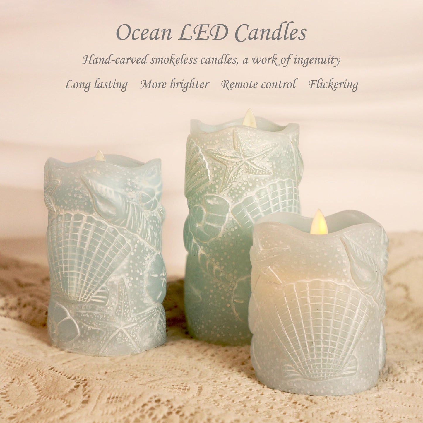 Silverstro Ocean Flameless Candles Remote Carved Seashell Real Wax Flicker Battery Operated Candles for Home Party Wedding Nautical Thanksgiving Christmas Decor - Set of 3(Blue)