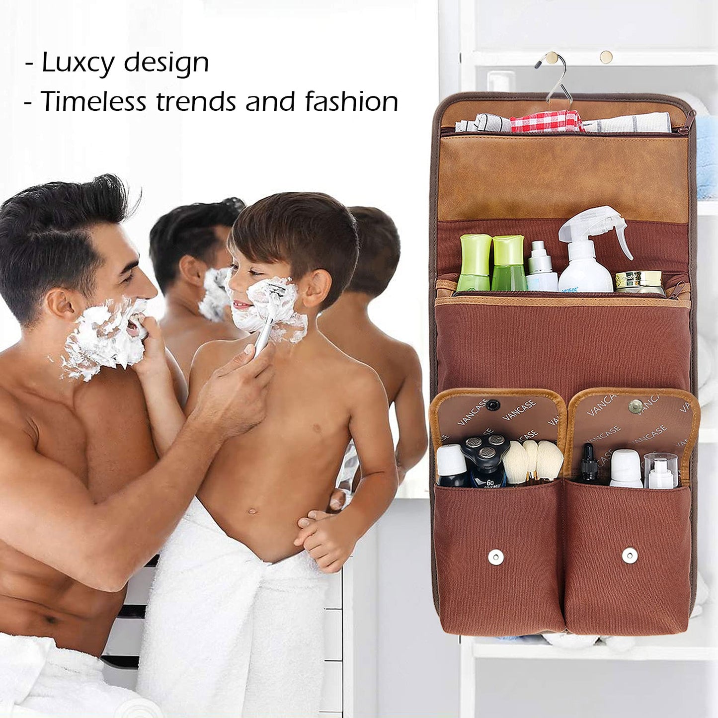 VACNASE Hanging Toiletry Bag for Men Leather Bathroom and Shower Organizer Travel Makeup Accessories kit Great Gift