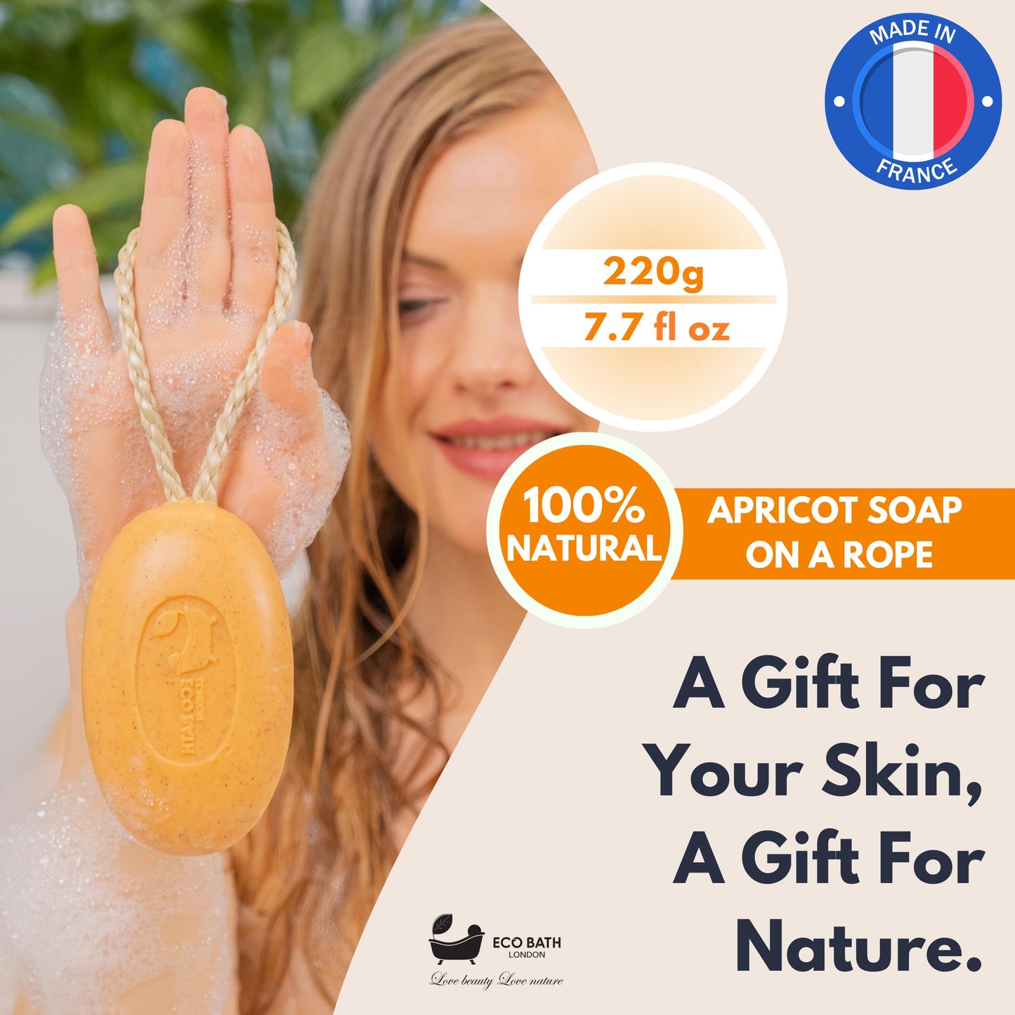 Eco Bath London Apricot Soap on a Rope 220g- Luxury Eco-Friendly Apricot Soap Bar, Scented Body Wash Bar with Shea Butter, Natural Shower Gel Bar for Smooth and Hydrated Skin