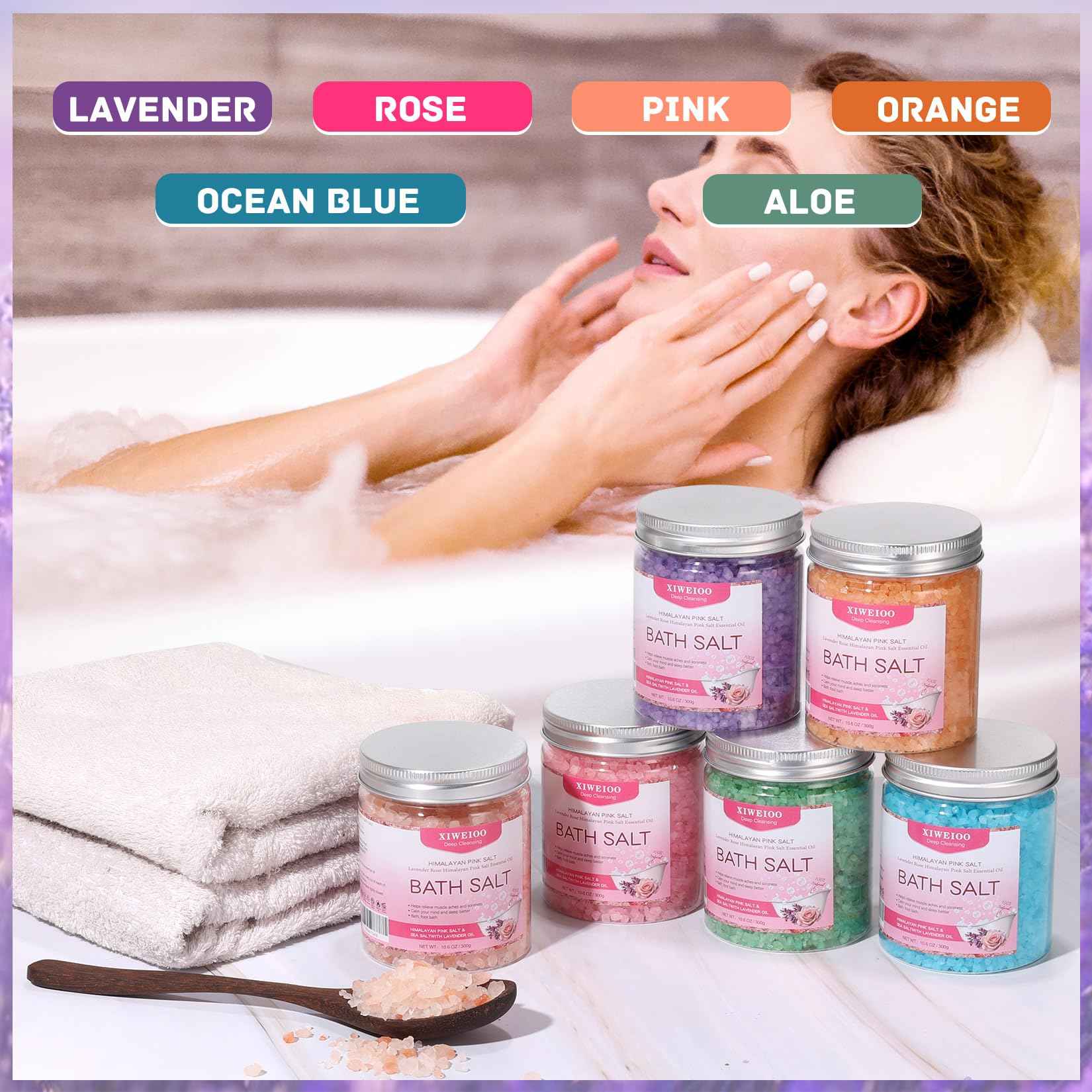 XIWEIOO 6 Pack Bath Salt KIT for Soaking Himalayan Pink Salt Lavender Orange Rose Pink Scent Epsom Salt Bubble Bath for Women Gift with Dead Sea Salt Moisturizing Skin Essential Oil