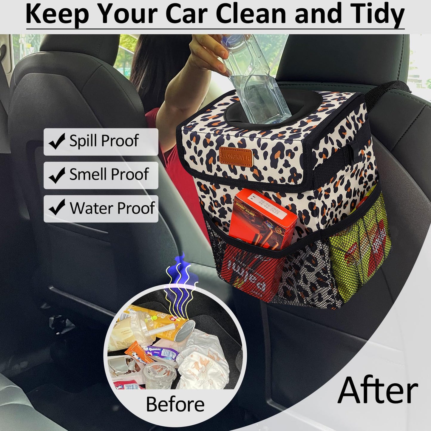 ELONGRIVER Car Trash Can Bin for Car Back Seat Leak Proof, Cute Car Trash Bag Hanging, Vehicle Trash Can for SUV Truck Van, Automotive Car Garbage Cans Front Seat Leopard Print