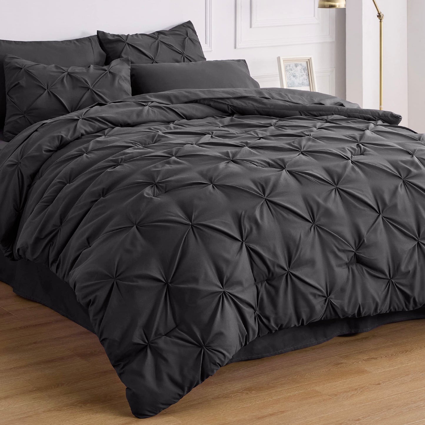 Bedsure Twin Comforter Set with Sheets - 5 Pieces Twin Bedding Sets, Pinch Pleat Dark Grey Twin Bed in a Bag with Comforter, Sheets, Pillowcase & Sham