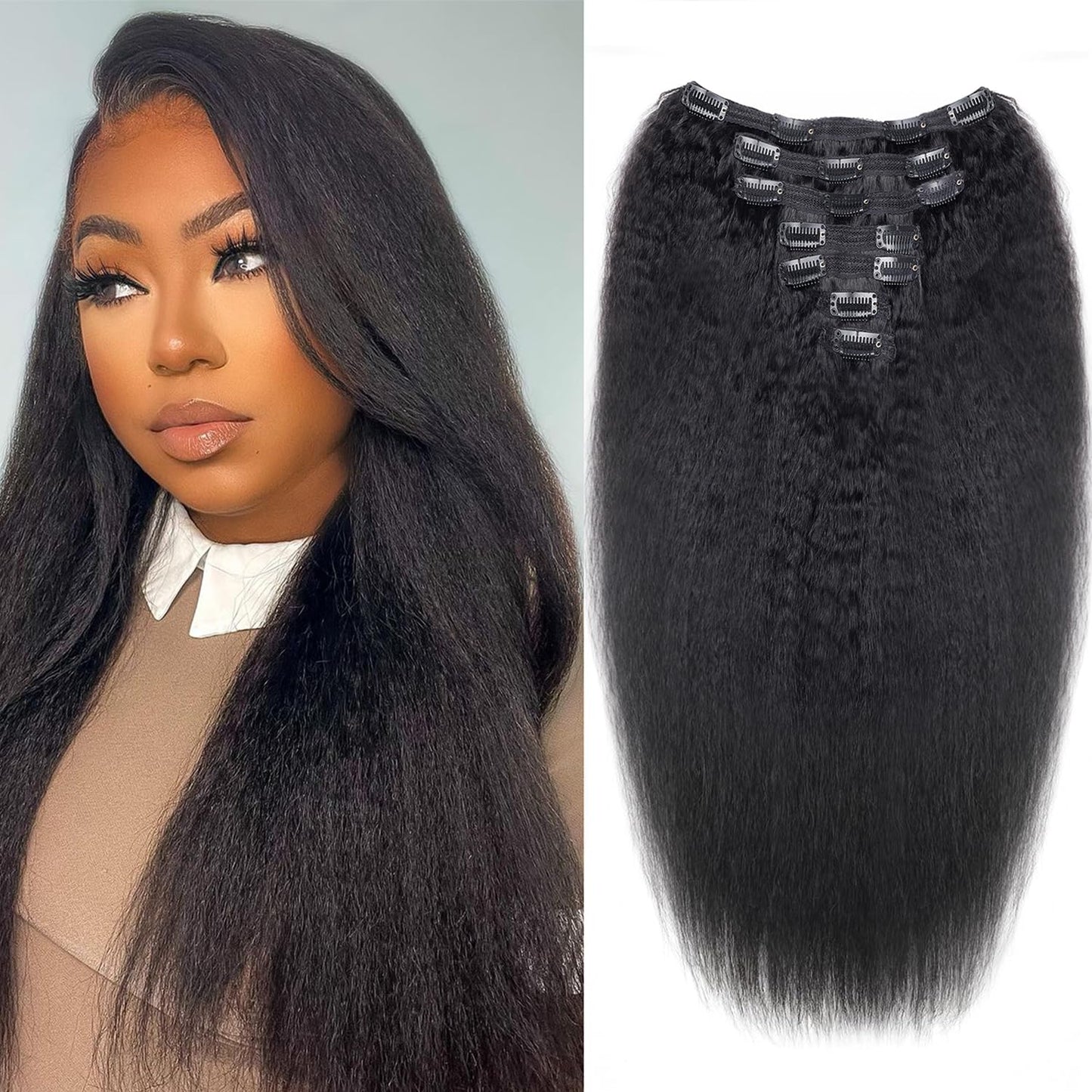 Lysilf Kinky Straight Clip in Hair Extensions Full Head Brazilian Virgin Human Hair Kinky Straight Clip ins for Black Women,7Pcs whit 16 Clips Double Lace Weft,90Gram Natural Black(14Inch, 1B)