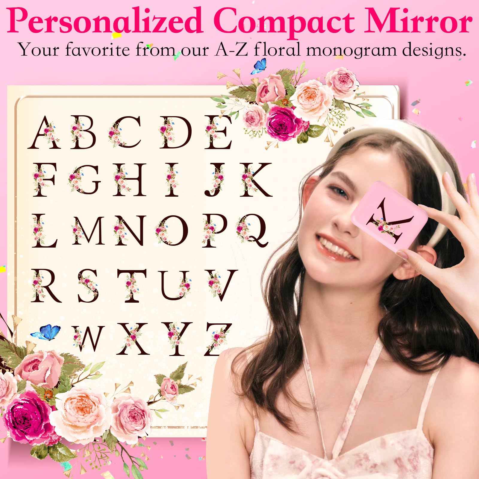 KEWWADB Travel Mirror with Lights, Initials Portable Compact Mirror, Travel Essentials, Suitable Gifts for Mom（Pink，K）